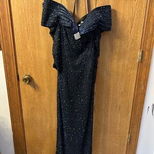 Sherri Hill Off the Shoulder Black Gown with Blue Accents